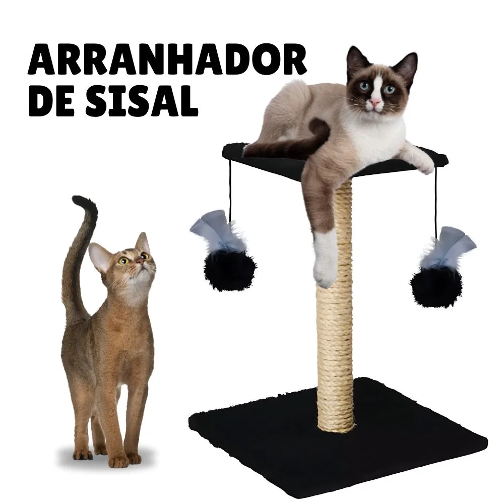 Enxoval para gatos: tudo o que você precisa para receber seu novo amigo felino 26 arranhador de sisal estilo poste com duas bolinhas e plataforma